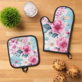 Ensemble De Gant De Cuisine Et De Manique Floral rose
