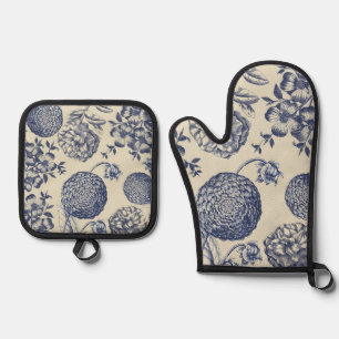 Ensemble De Gant De Cuisine Et De Manique Flore d'impression florale de fleurs bleues antiqu