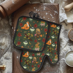 Ensemble De Gant De Cuisine Et De Manique Forêt de bois automnal Motif vert animal