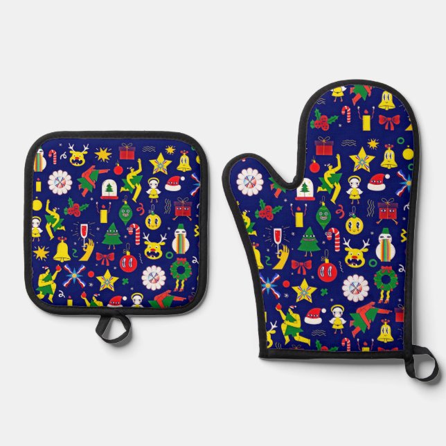 Ensemble De Gant De Cuisine Et De Manique Fours de Noël Mitt et Pot Holders (Recto)