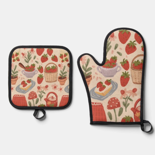 Ensemble De Gant De Cuisine Et De Manique Fraises (Recto)