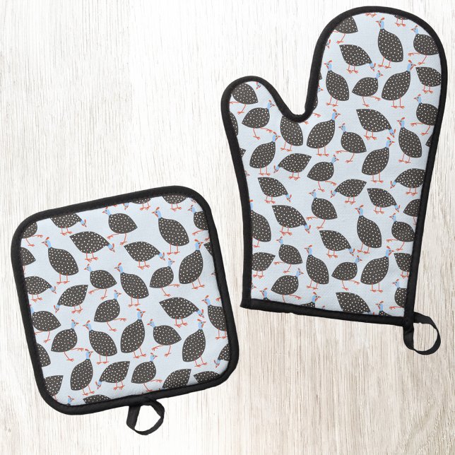 Ensemble De Gant De Cuisine Et De Manique Fun Guineafowl Motif d'oiseaux (Fun Guineafowl bird pattern kitchen oven glove or mitt and pot holder)