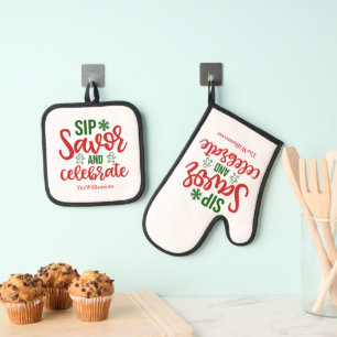 Ensemble De Gant De Cuisine Et De Manique Fun Sip Savor & Celebrate Gingerbread Noël