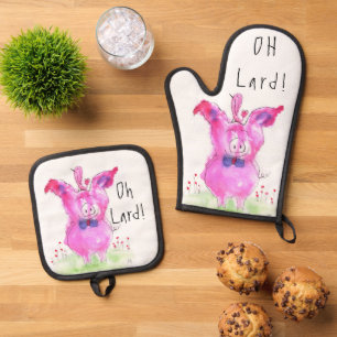 Ensemble De Gant De Cuisine Et De Manique Funny Oh Lard Pig