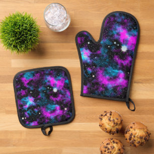 Ensemble De Gant De Cuisine Et De Manique Galaxie bleue et violette