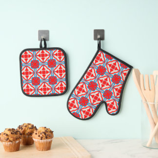 Ensemble De Gant De Cuisine Et De Manique Geometric Four Red Leaves