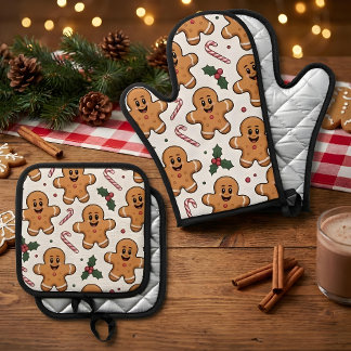 Ensemble De Gant De Cuisine Et De Manique Gingerbread Candy Canes & Holly Sprigs Christmas