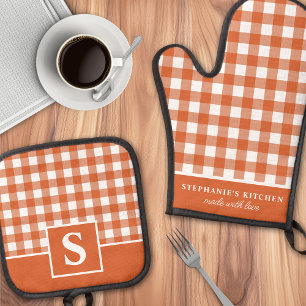 Ensemble De Gant De Cuisine Et De Manique Gingham à carreaux orange brûlé à monogramme