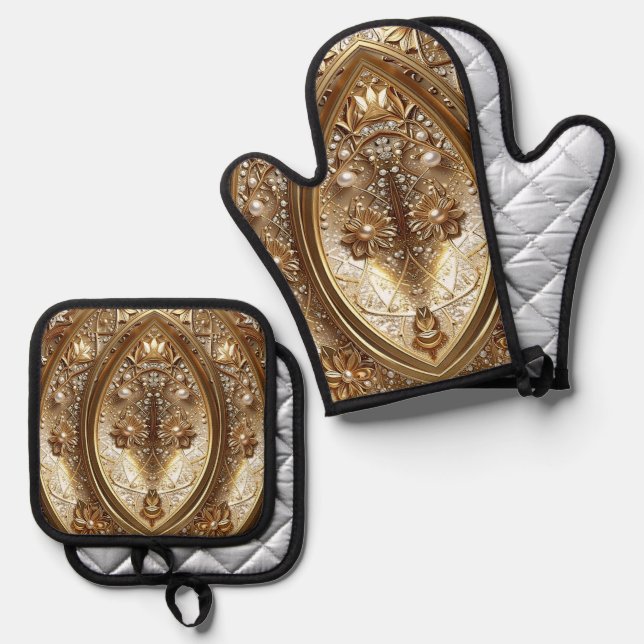Ensemble De Gant De Cuisine Et De Manique Golden Ornate (Recto/Verso)