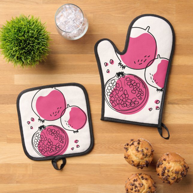 Ensemble De Gant De Cuisine Et De Manique Grenade graphique. (De haut en bas)
