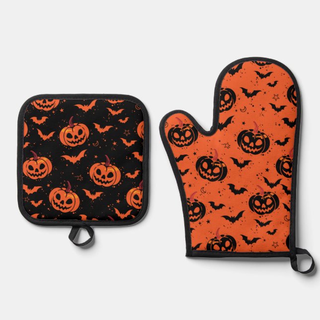 Ensemble De Gant De Cuisine Et De Manique Halloween pumpkins (Recto)