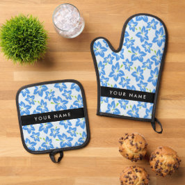 Ensemble De Gant De Cuisine Et De Manique Hibiscus Bleu, Fleurs Bleues, Votre Nom