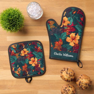 Ensemble De Gant De Cuisine Et De Manique Hibiscus coloré jaune orange vert