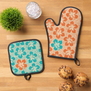 Ensemble De Gant De Cuisine Et De Manique Hibiscus hawaïen floral de l'île Pinstriped Orange