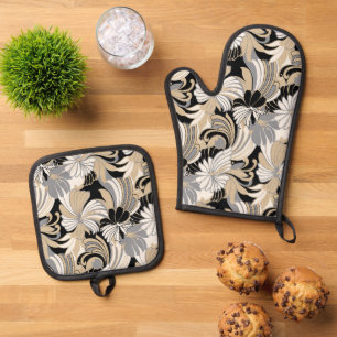 Ensemble De Gant De Cuisine Et De Manique Hibiscus Jungle Hawaiian Tropical Floral Neutral