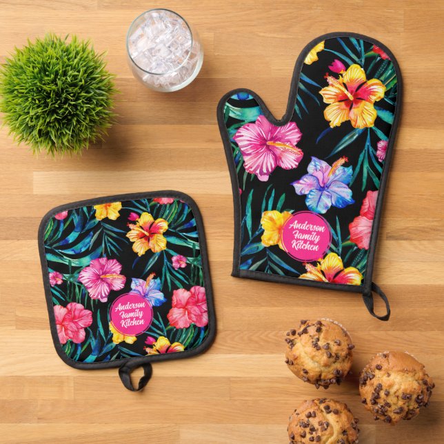 Ensemble De Gant De Cuisine Et De Manique Hibiscus tropicaux vif motif floral noir (De haut en bas)