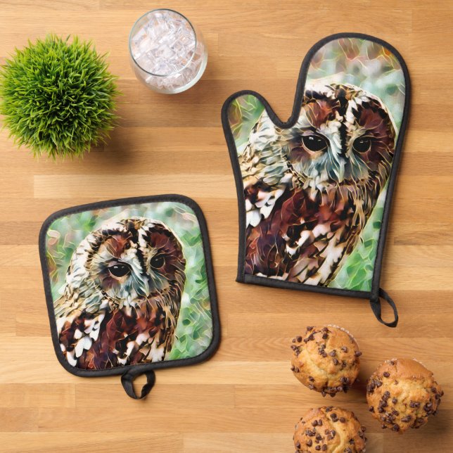 ENSEMBLE DE GANT DE CUISINE ET DE MANIQUE HIBOU (De haut en bas)