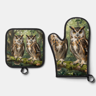 Ensemble De Gant De Cuisine Et De Manique Hiboux Grands-Ducs Forêt Majestueuse