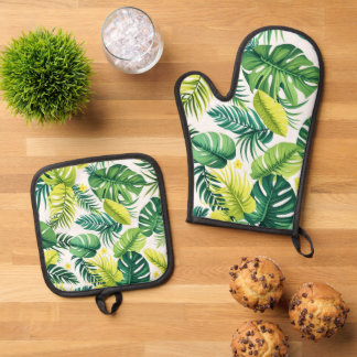 Ensemble De Gant De Cuisine Et De Manique Histoire de la feuille tropicale - Monstera & feui