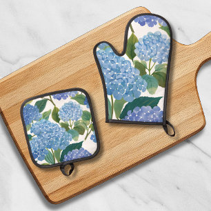 Ensemble De Gant De Cuisine Et De Manique Hortensias bleus Beau buisson floral