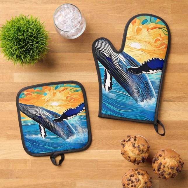 Ensemble De Gant De Cuisine Et De Manique Humpback Sunset Leap Art (De haut en bas)