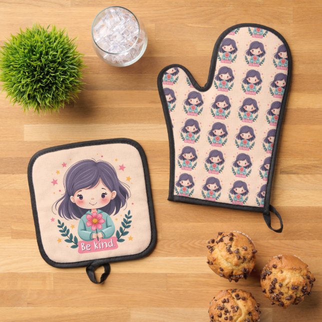 Ensemble De Gant De Cuisine Et De Manique Illustration de Kawaii "Be Kind" - Art Intéressant (De haut en bas)