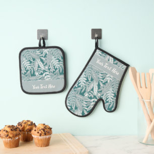 Ensemble De Gant De Cuisine Et De Manique Imprimé de feuille florale tropicale fantaisiste