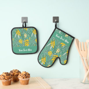Ensemble De Gant De Cuisine Et De Manique Imprimé de feuille florale tropicale fantaisiste