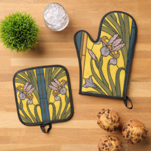 Ensemble De Gant De Cuisine Et De Manique Iris Fleur Art Nouveau Vitrail Bleu Or