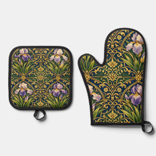 Ensemble De Gant De Cuisine Et De Manique Iris Floral Art Nouveau Damassé