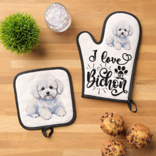 Ensemble De Gant De Cuisine Et De Manique J'adore mon Bichon