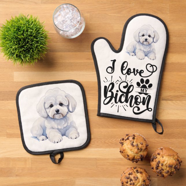 Ensemble De Gant De Cuisine Et De Manique J'adore mon Bichon (De haut en bas)
