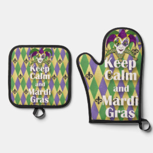 Ensemble De Gant De Cuisine Et De Manique Jester Mask Keep Calm and Mardi Gras