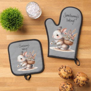 Ensemble De Gant De Cuisine Et De Manique Joli lapin aux fleurs Aquarelle Art