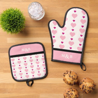 Ensemble De Gant De Cuisine Et De Manique Joli Motif rose et blanc du coeur