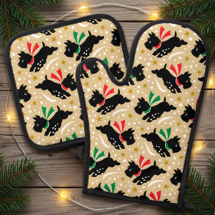 Ensemble De Gant De Cuisine Et De Manique Joli Scottie Chien Snow Fun Animal Motif Or