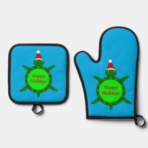 Ensemble De Gant De Cuisine Et De Manique Jolie tortue de Noël avec coquille de fleurs perso