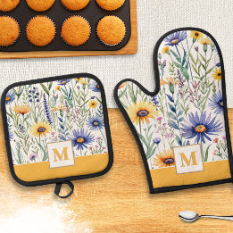 Ensemble De Gant De Cuisine Et De Manique Jolies Fleurs Rustique Élégant Monogrammé