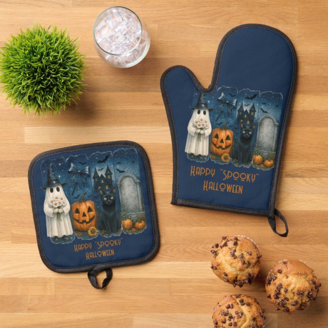 Ensemble De Gant De Cuisine Et De Manique Joyeux "Éffrayant" Halloween Citrouille Fantôme Ch (De haut en bas)