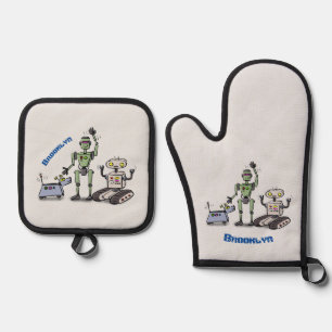 Ensemble De Gant De Cuisine Et De Manique Joyeux joli dessin de trois robots trio