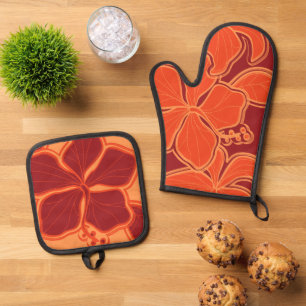Ensemble De Gant De Cuisine Et De Manique Kailua Hibiscus Hawaïen Floral Orange Rouge