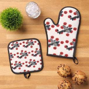 Ensemble De Gant De Cuisine Et De Manique Lancaster Vintage Parmi les Coquelicots Rouges