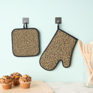 Ensemble De Gant De Cuisine Et De Manique Leaf Berry Classique Colorful Art Motif