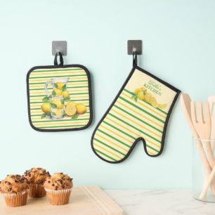 Ensemble De Gant De Cuisine Et De Manique Lémonade aux rayures jaune et vert