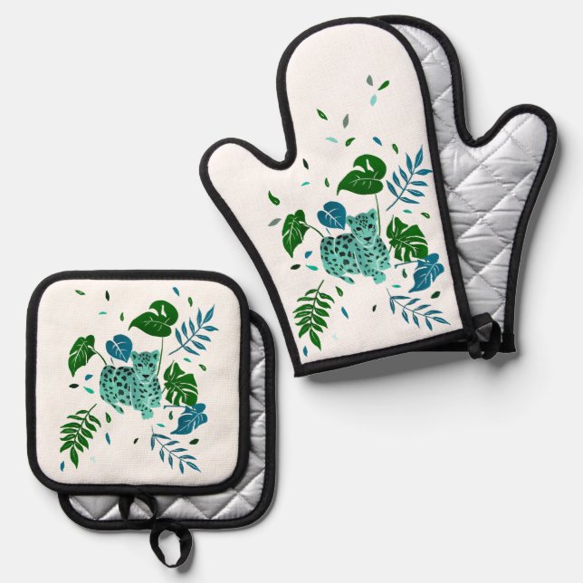 Ensemble De Gant De Cuisine Et De Manique Leopard (Recto/Verso)