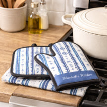 Linge de cuisine inspiré du Japon, bleu et blanc