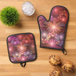 Ensemble De Gant De Cuisine Et De Manique Lit De Fleurs Coloré Brillant Art Fractal Abstrait