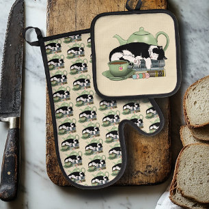 Ensemble De Gant De Cuisine Et De Manique Livres Confortables Chat Smoking Thé Mignon Théièr