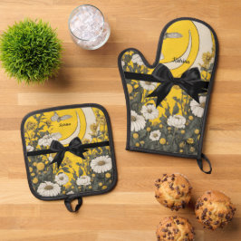 Ensemble De Gant De Cuisine Et De Manique Lune Florale Papillon Noir Arc Céleste Doré