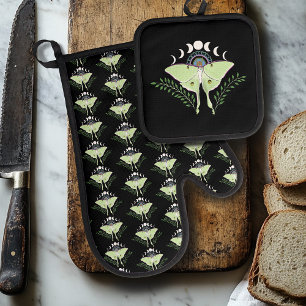 Ensemble De Gant De Cuisine Et De Manique Lune Papillon Céleste Éthéré Vert Mystique